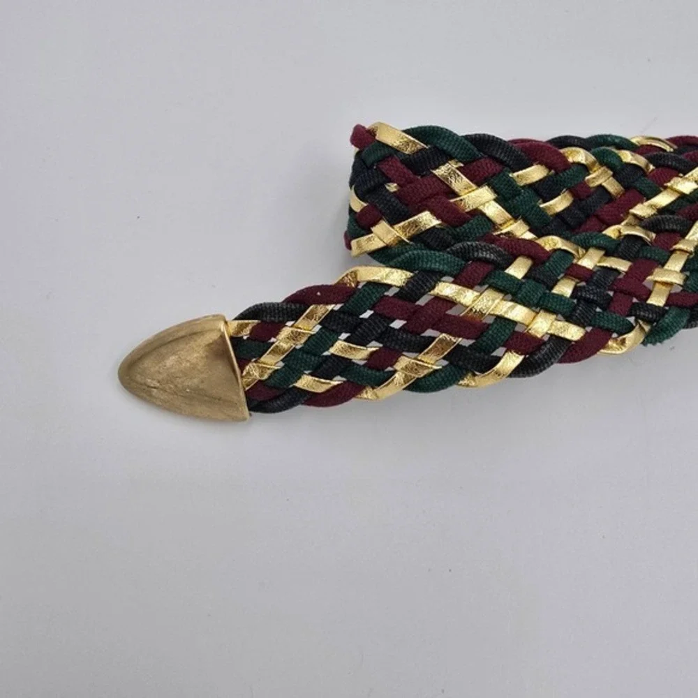 Womens Braided Belt Gold‎ Accent Green Burgundy Waist Belt Fashion Accessory